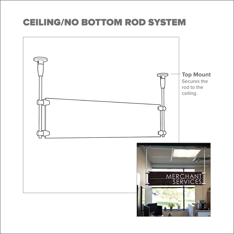 Line drawing of a ceiling-mounted display hardware fixture supporting a vertical drop rod.