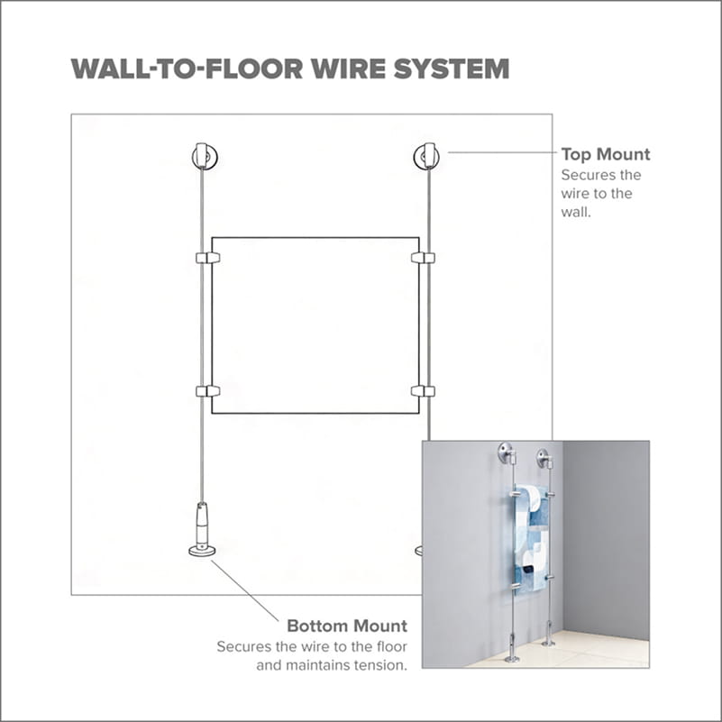 Line drawing of an angled cable system extending from an upper wall mount down to a floor mount.