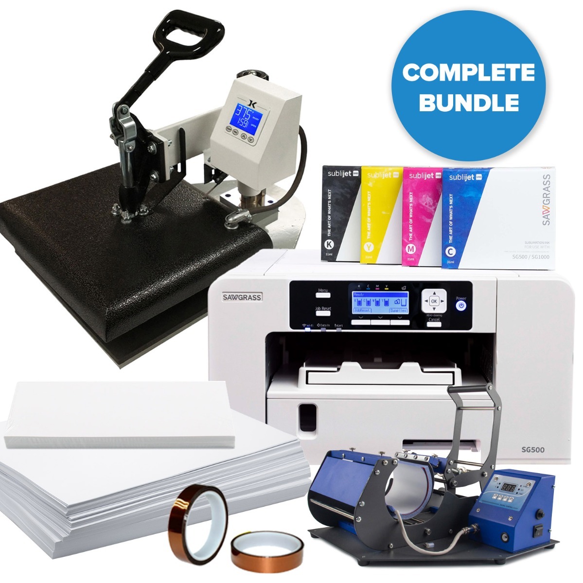 Sawgrass SG500 printer with inks, paper, drinkware press, and heat press