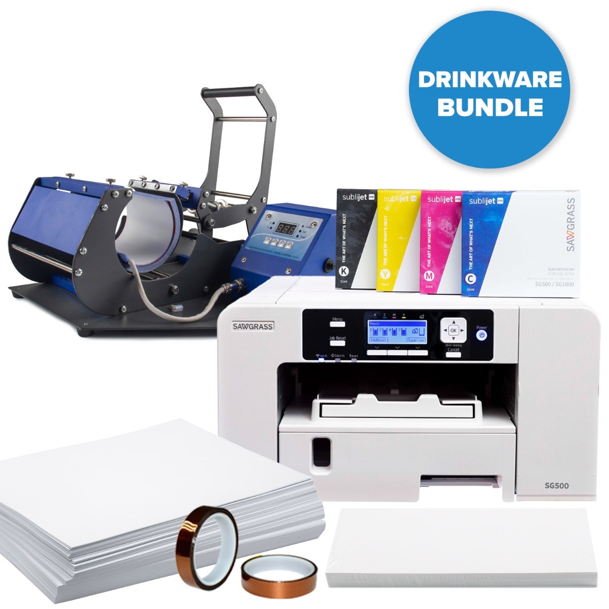 Sawgrass SG500 printer with inks and drinkware press
