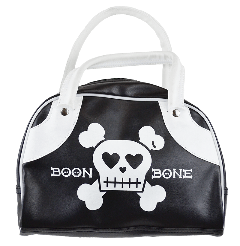 black vinyl purse with white design