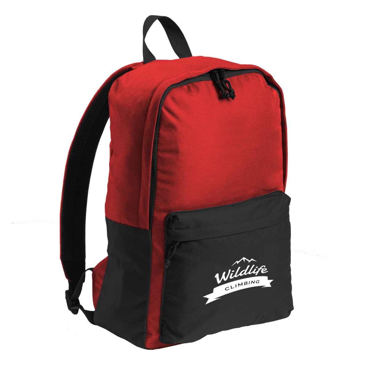 red back pack with white design on the front

