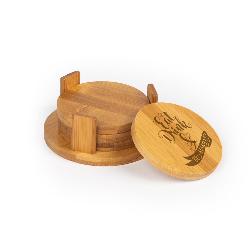 Bamboo coaster set with Eat, Drink and Be Marry design laser engraved