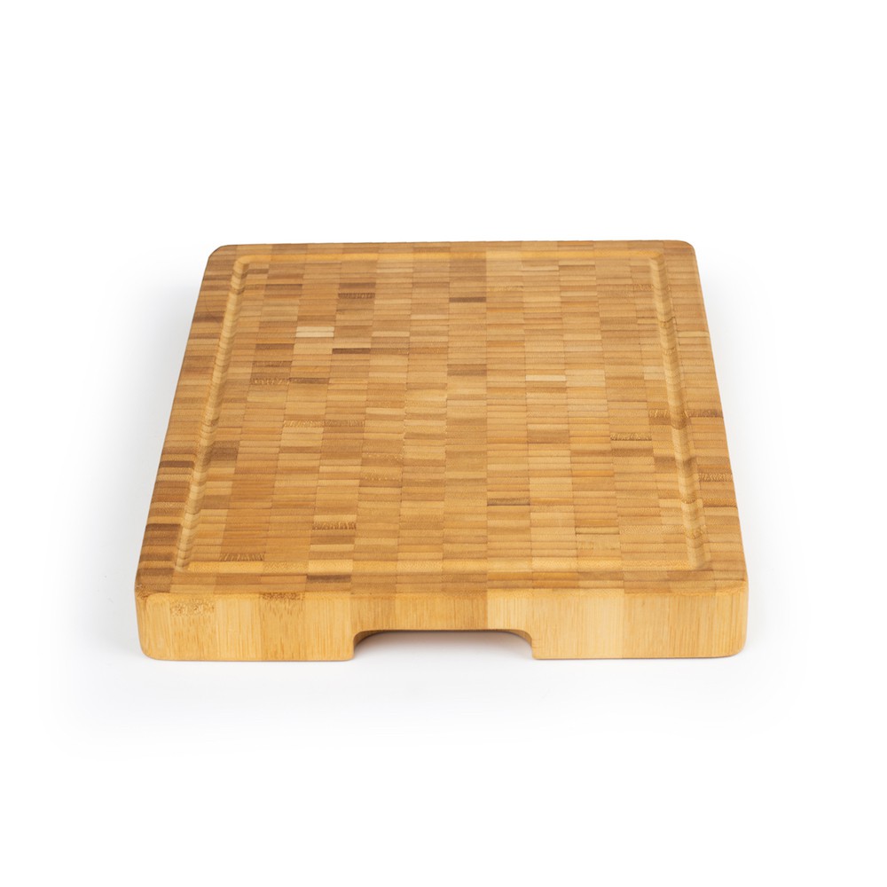 Bamboo Butcher cutting Block showing 1.38" thickness and notched out handle