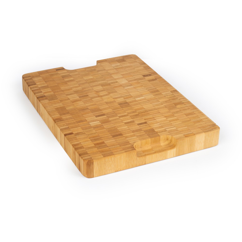Bamboo Butcher cutting Block showing 1.38" thickness and notched out handle upside down