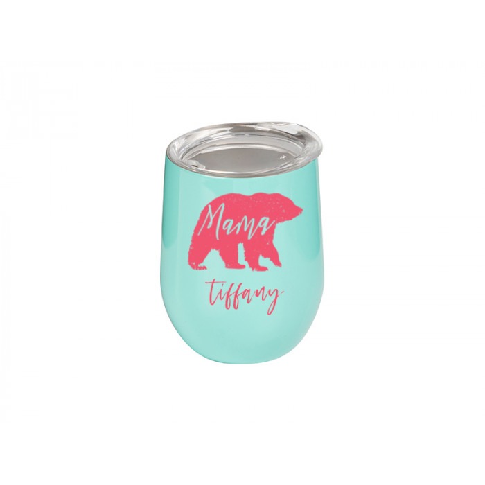 Stemless wine glass with lid and Mama Bear design sublimated