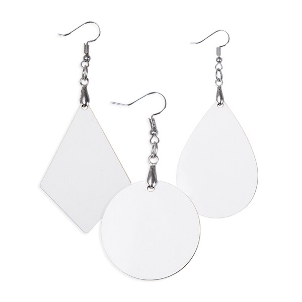 1 diamond, 1 round and 1 teardrop shaped blank hardboard earing