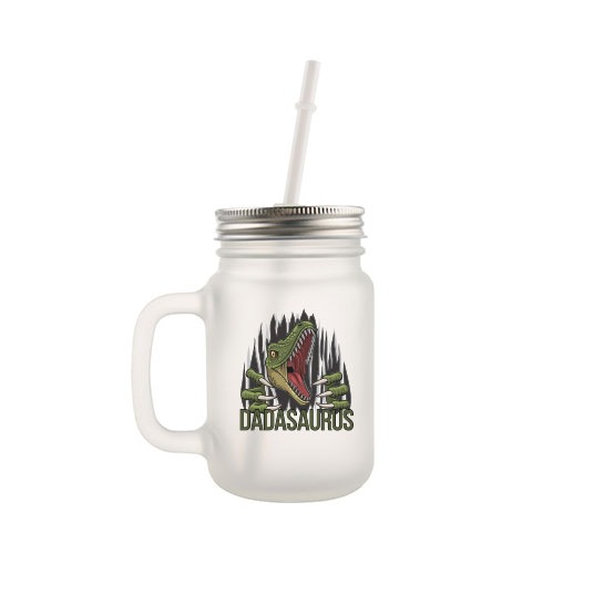 frosted glass mason jar with lid and straw personalized with "dadasaurus" and a dinosaur
