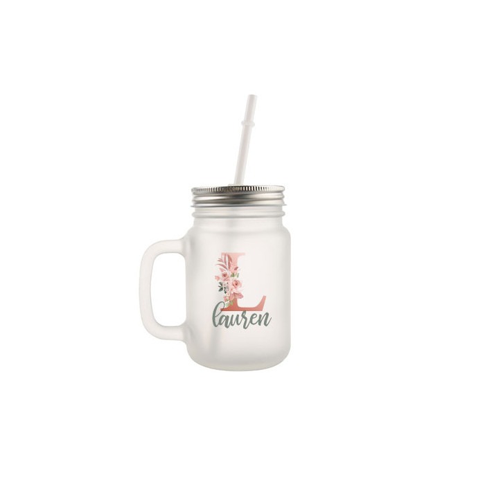 Frosted mason jar glass with Lauren design sublimated