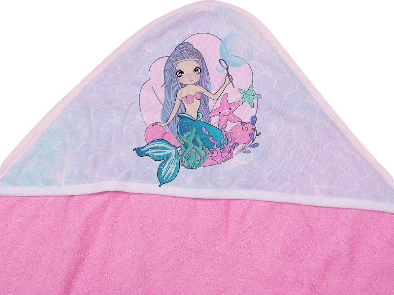 Pink Hooded Baby Towel with the white hood personalized with a mermaid