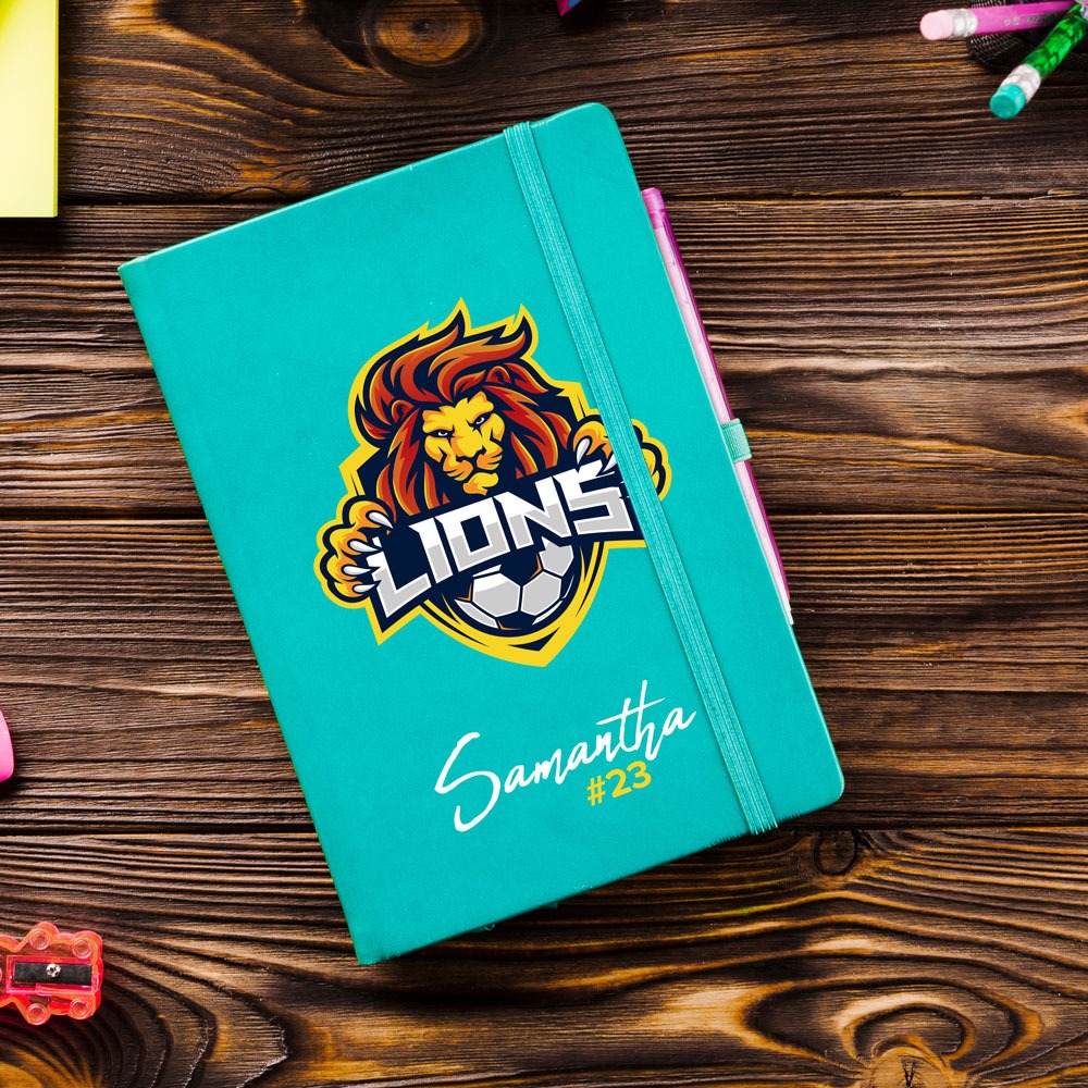 personalized notebook with Lions soccer logo