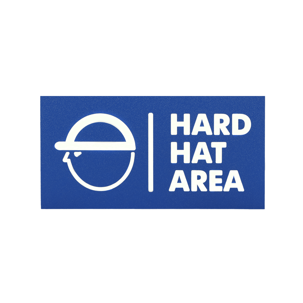 blue and white hard hat area sign