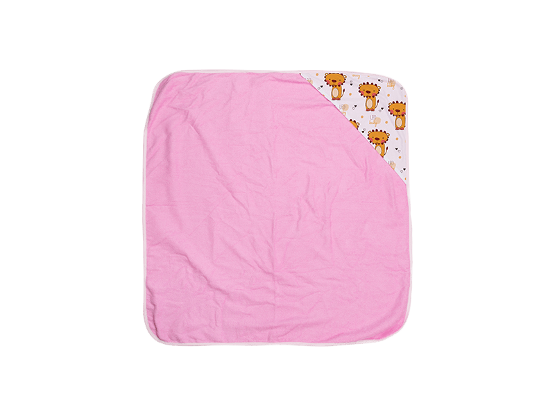 Pink Hooded Baby Towel spread out flat with the white hood personalized with lions