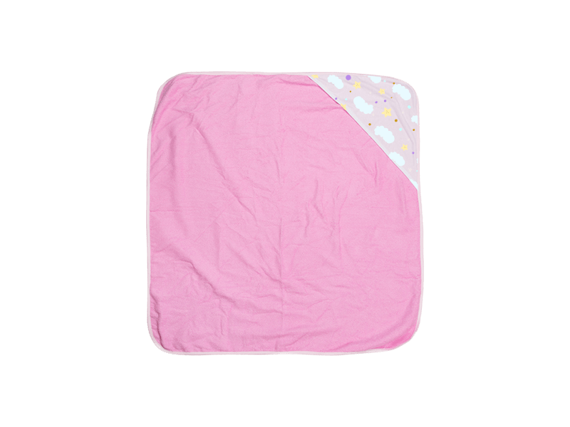 Pink Hooded Baby Towel spread out flat with white hood personalized with stars and clouds