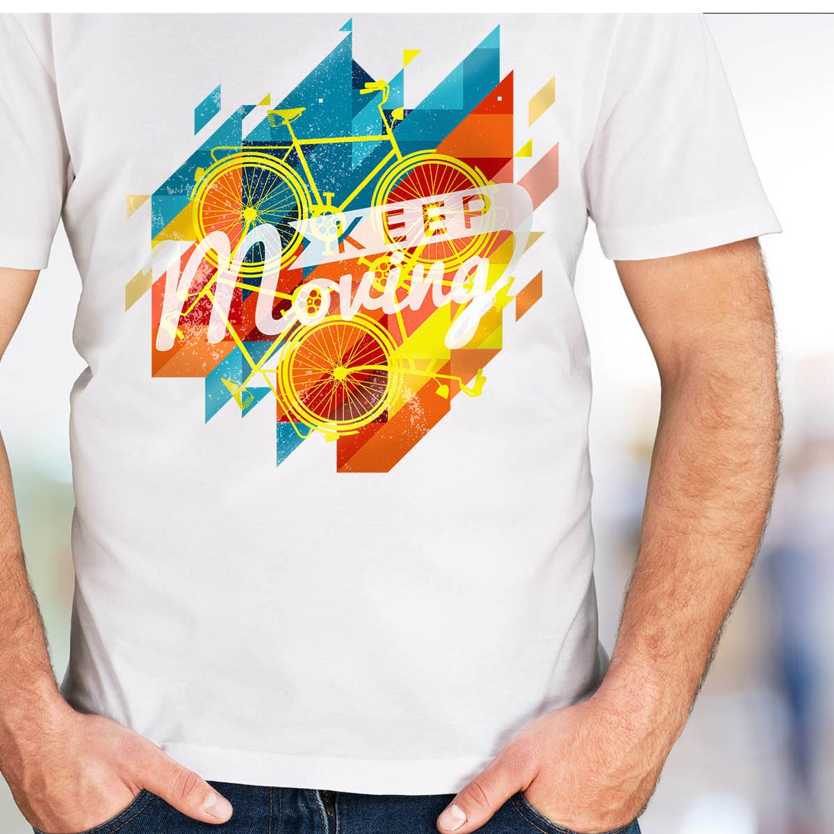Man wearing white t-shirt that says "keep moving" in vinyl
