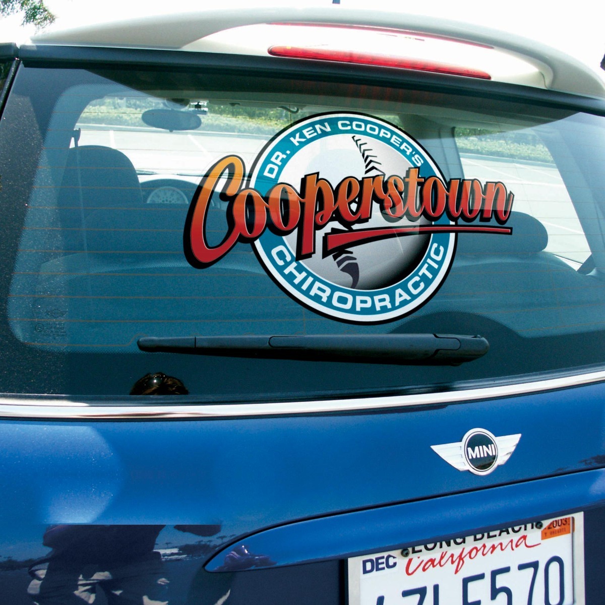 Cooperstown decal on back of car window