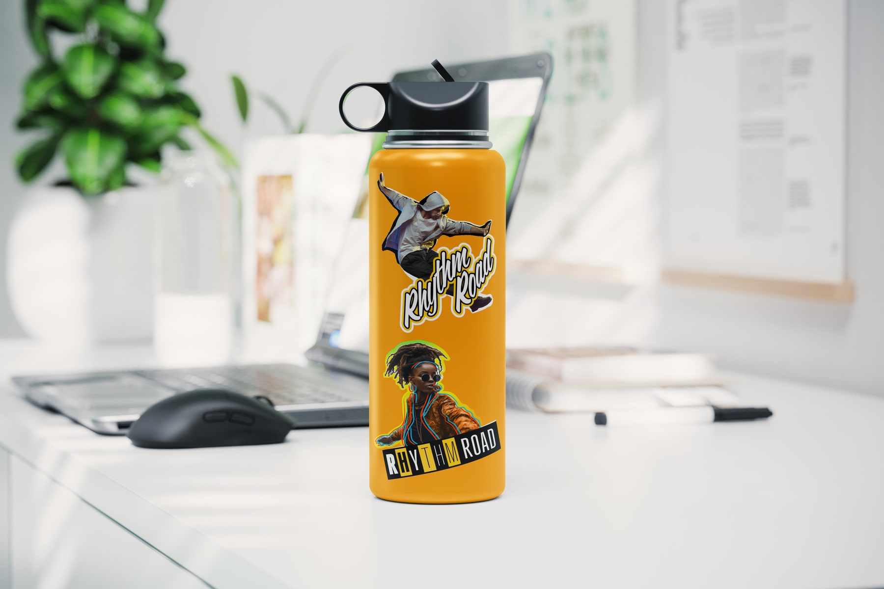 Two rhythm road decals on water bottle