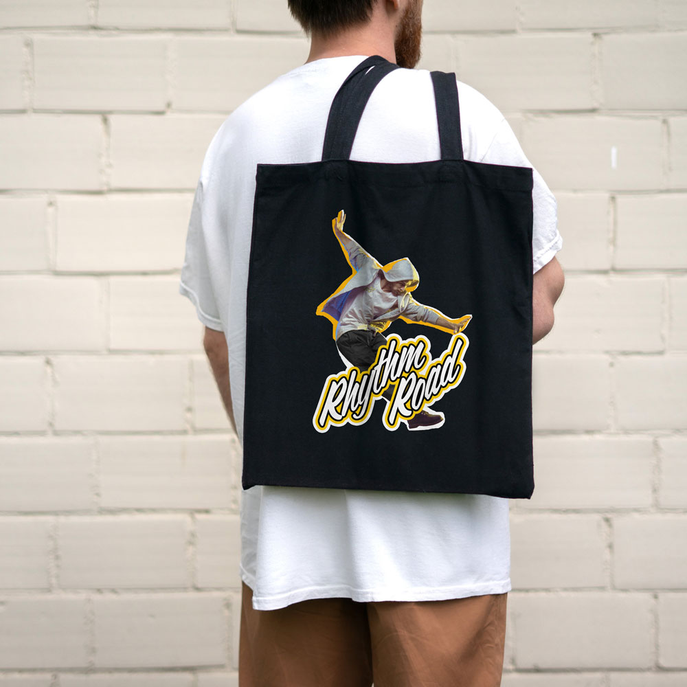 Rhythm Road decal on tote bag