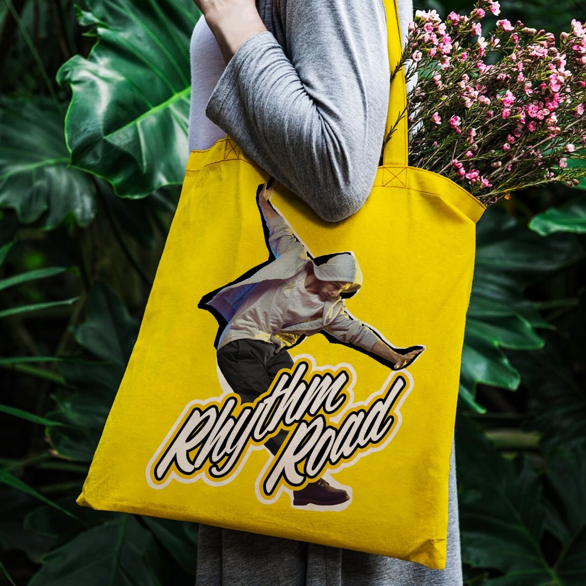 Rhythm Road decal on tote bag