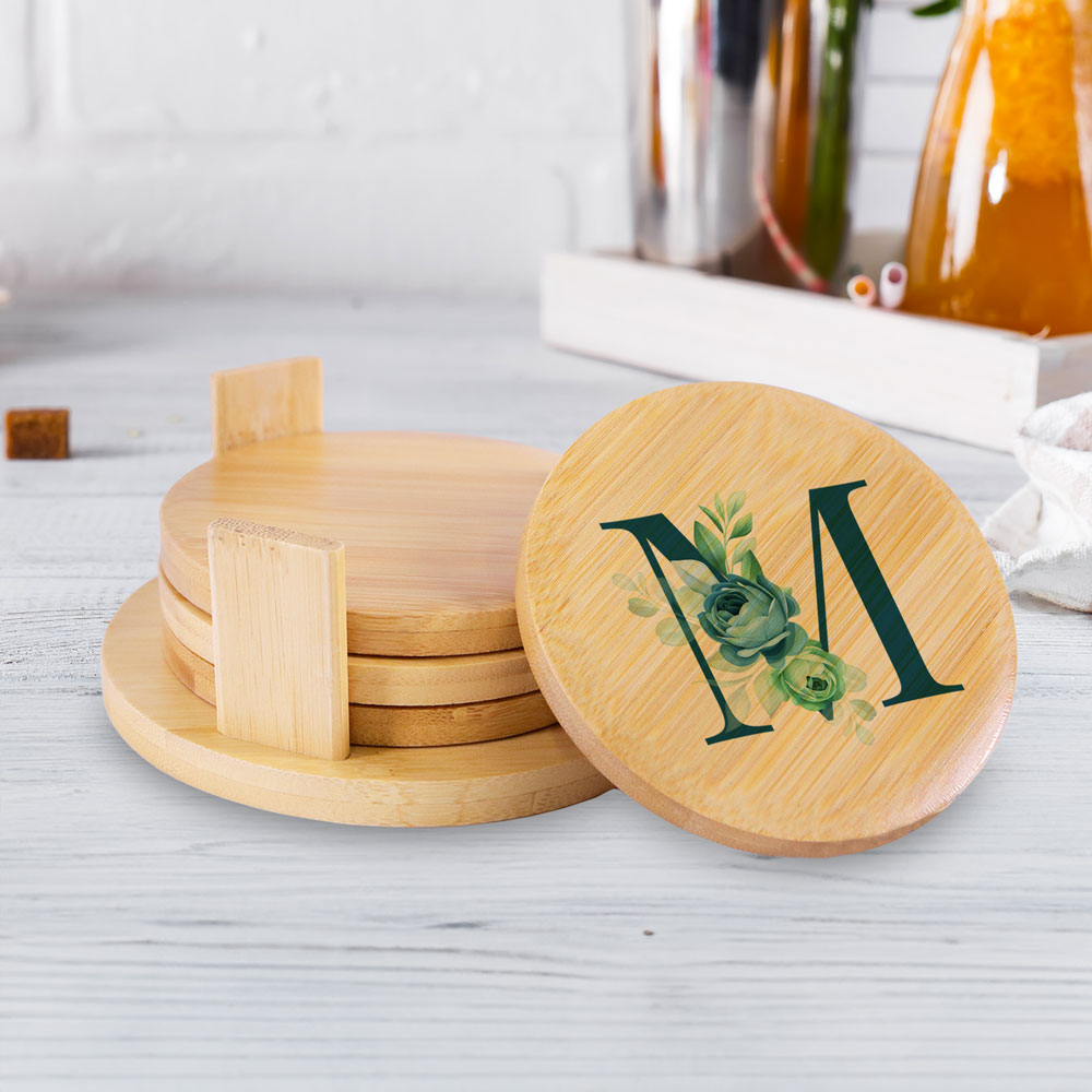 Round Bamboo Sublimation Coaster Set Monogram on Table