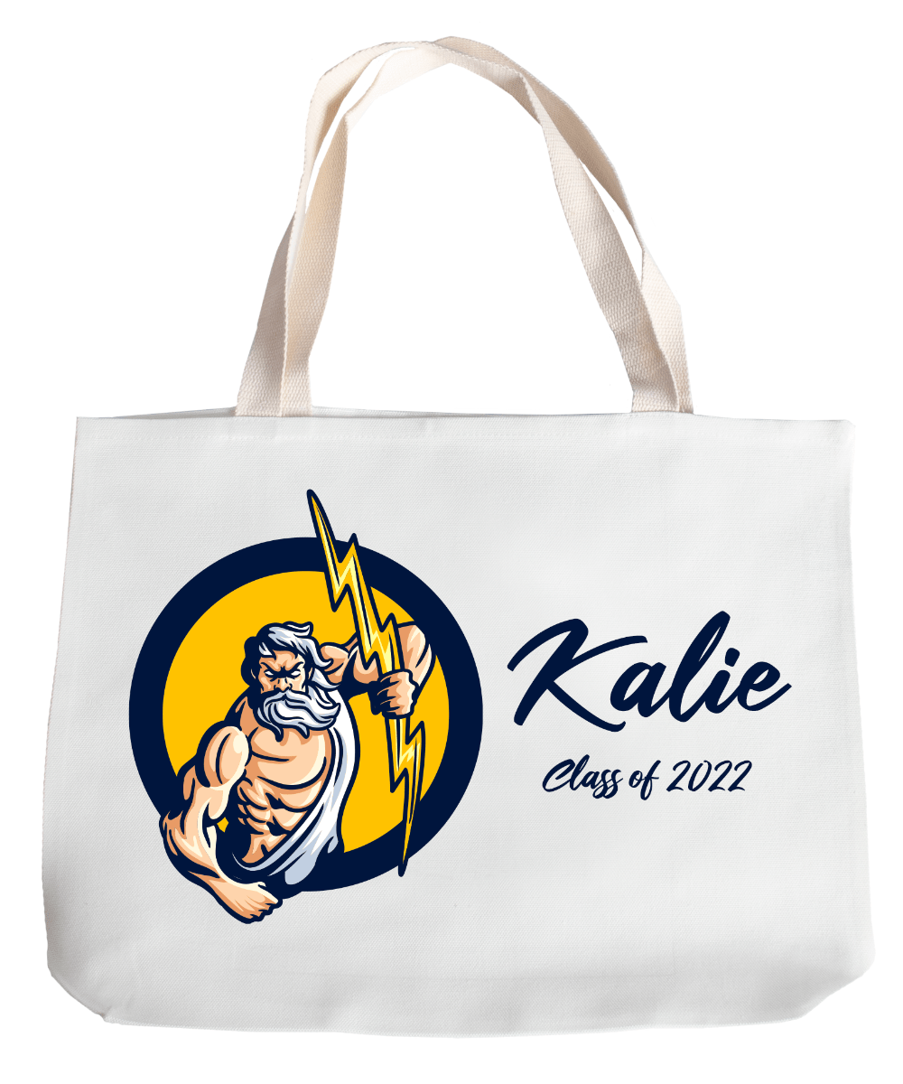 white canvas bag printed with name and graduating class date