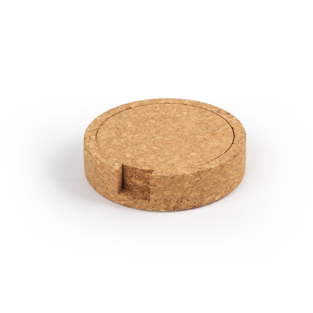 Blank cork coaster set in holder
