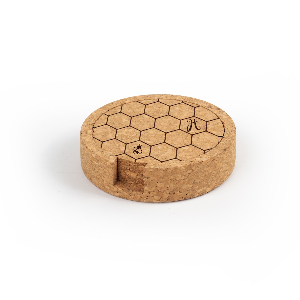 Cork coaster set in holder with honeycomb design