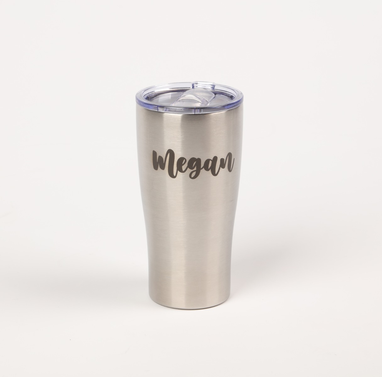 stainless steel tumbler that says with Megan on the side