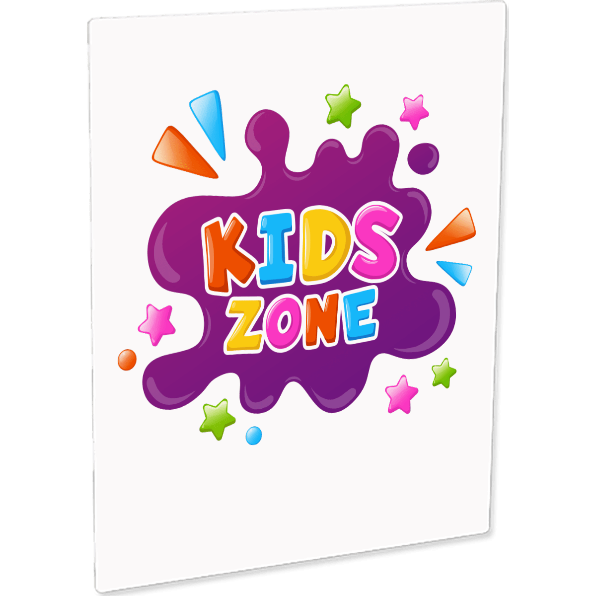 White panel with purple splatter that says Kids Zone