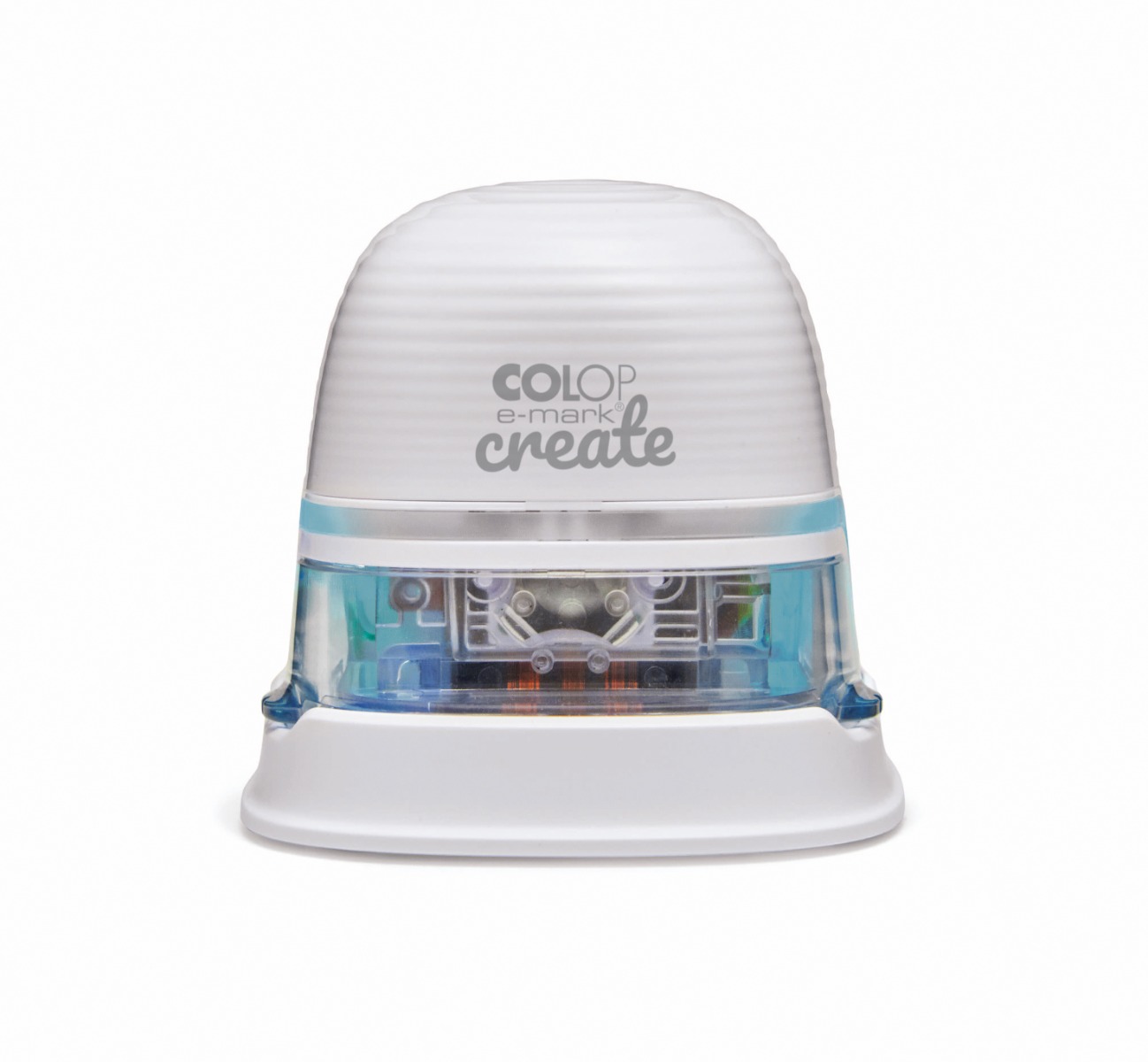 front view of white e-mark create printer on docking station