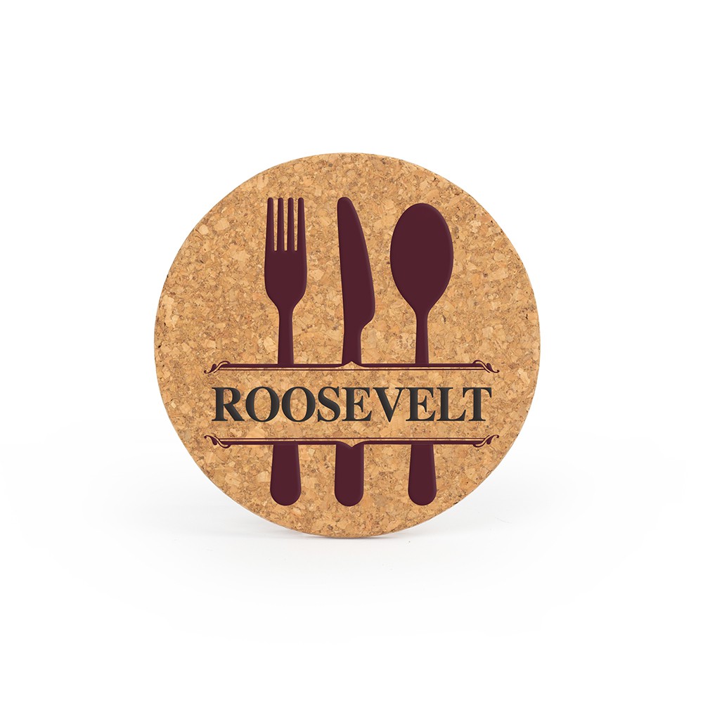 Cork trivet with Roosevelt design UV-LED printed