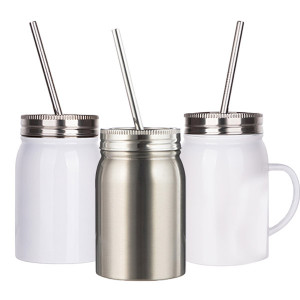 17oz White Stainless Steel Mason Jar with Lid and Straw