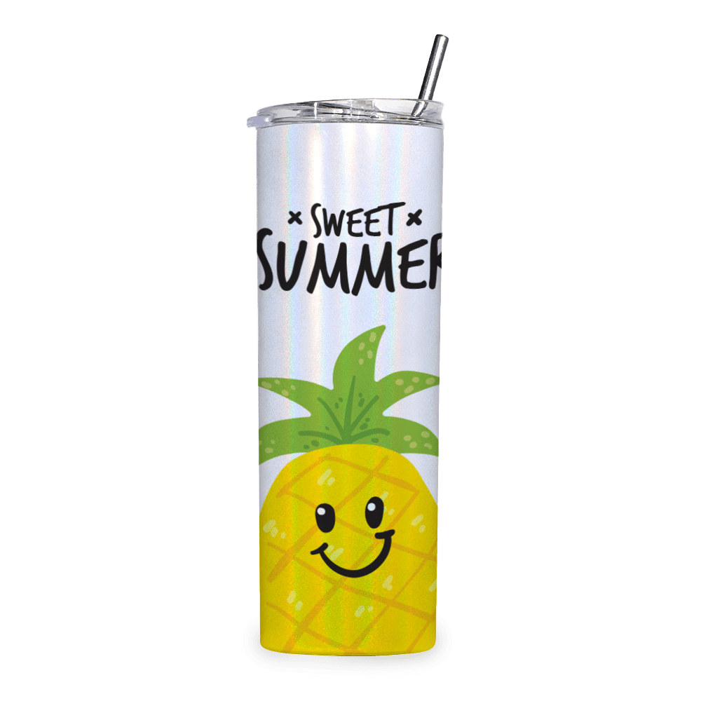 Shimmer White tumbler customized with a quote and straw in