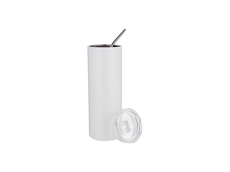 White 20oz stainless steel tumbler with lid and straw