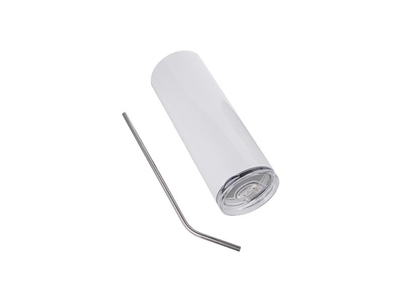 White 20oz stainless steel tumbler with lid and straw