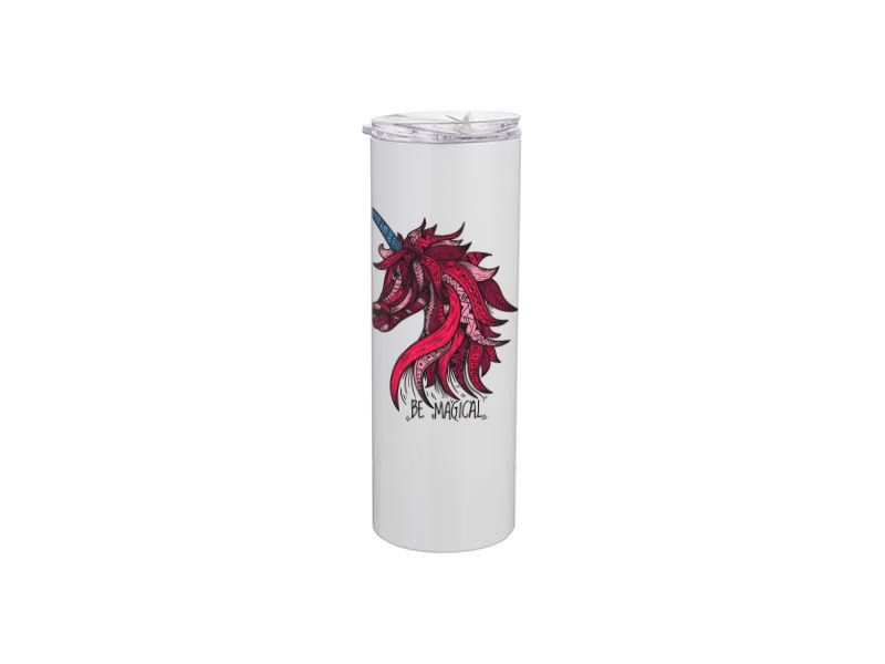 White 20oz stainless steel tumbler with lid customized with artistic unicorn