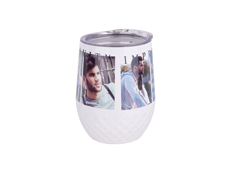 white 12oz Stainless Steel Stemless Wine Cup with Diamond Pattern personalized with pictures