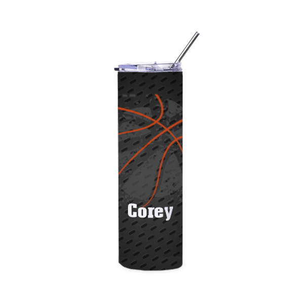 30oz straight stainless steel tumbler with straw and lid customized with Corey and image of a basketball