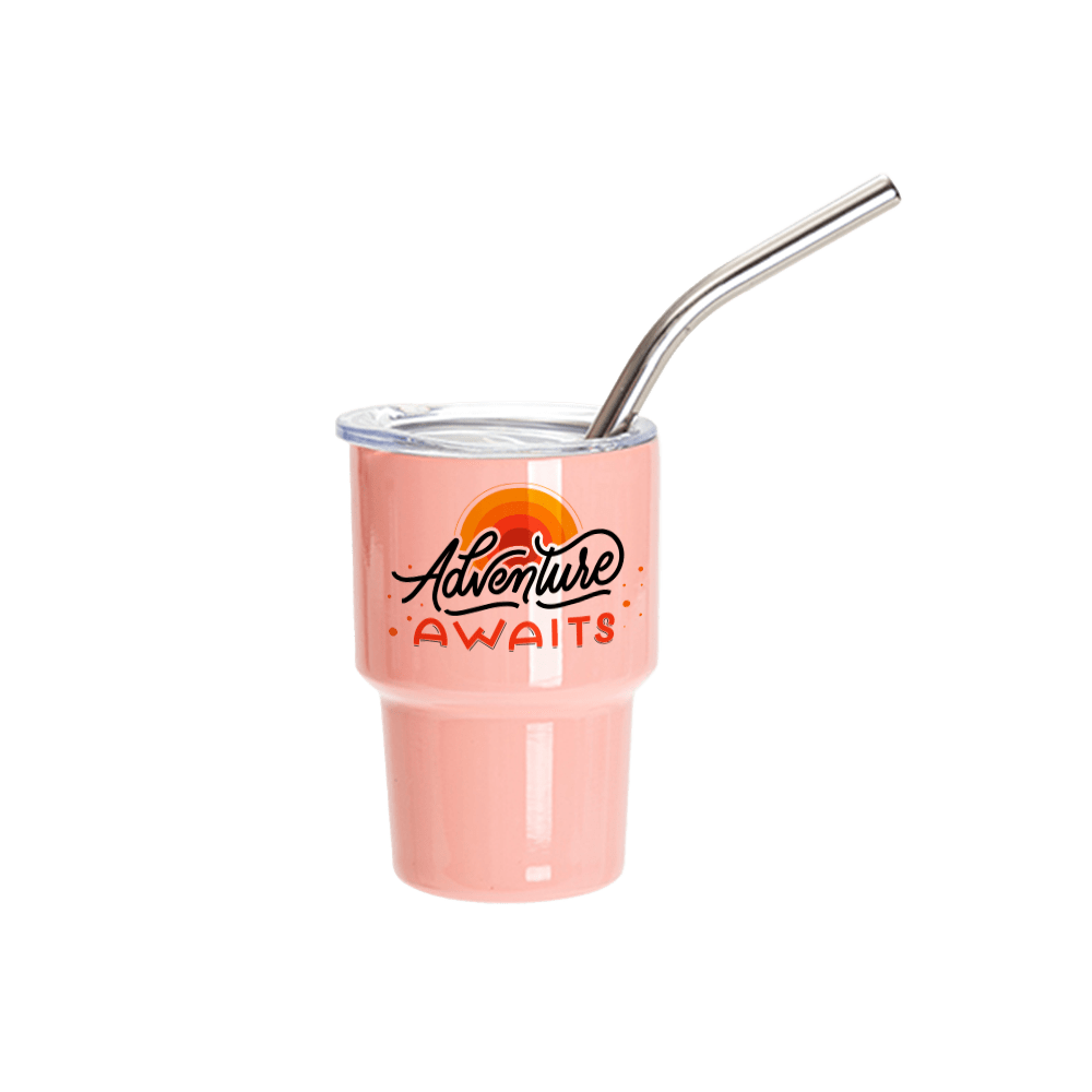 Light orange 3oz tumbler shot glass with "adventure awaits" sublimated 