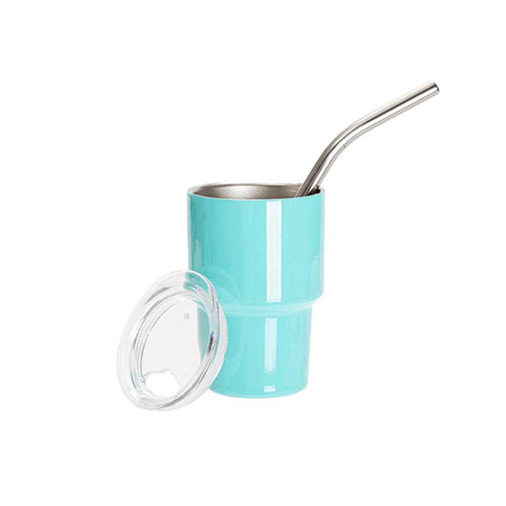 Blank 3oz seafoam tumbler shot glass with lid off