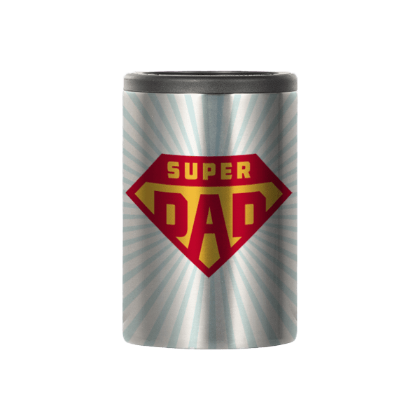 Silver stainless steel classic can cooler with Super Dad design sublimated