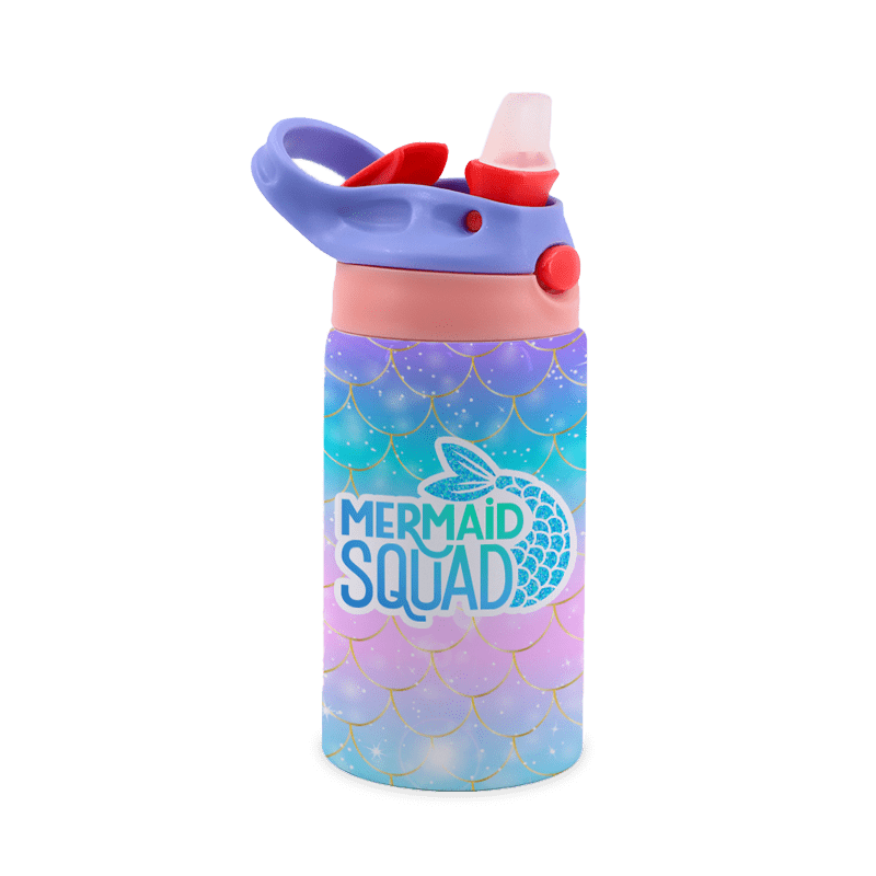 Kids water bottle with Mermaid Squad design sublimated