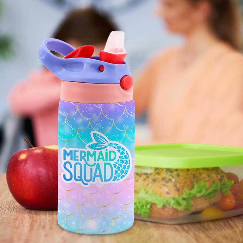 Kids water bottle with Mermaid Squad design sublimated