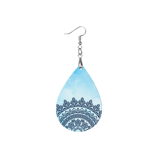 Hardboard teardrop shaped earing print with blue design