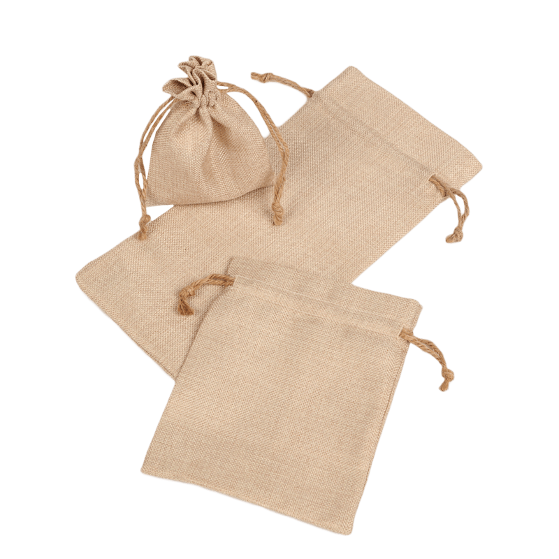 3 different size faux burlap drawstring bags 1 of them is pulled shut