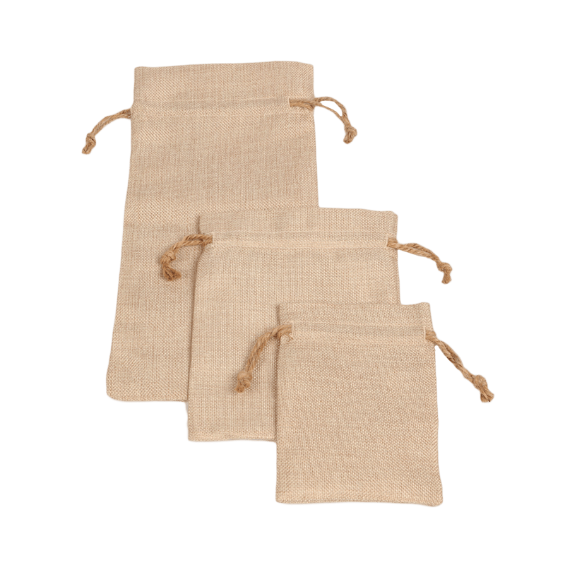 3 different size faux burlap drawstring bags
