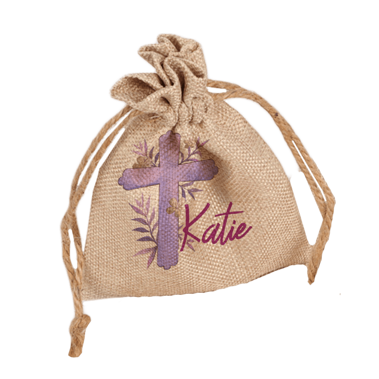 Faux Burlap Drawstring Bag pulled shut with name and cross printed on it