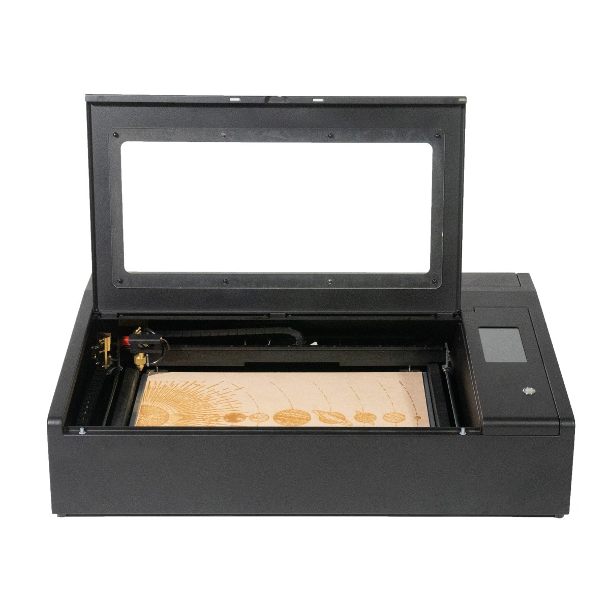 Flux Beambox Pro with Lid Open with Engraved Wood Sheet