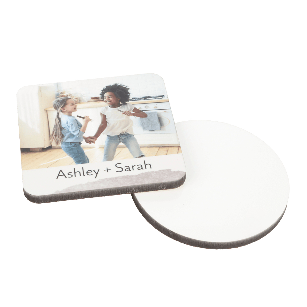 square coaster with 2 girls playing stacked on a round coaster
