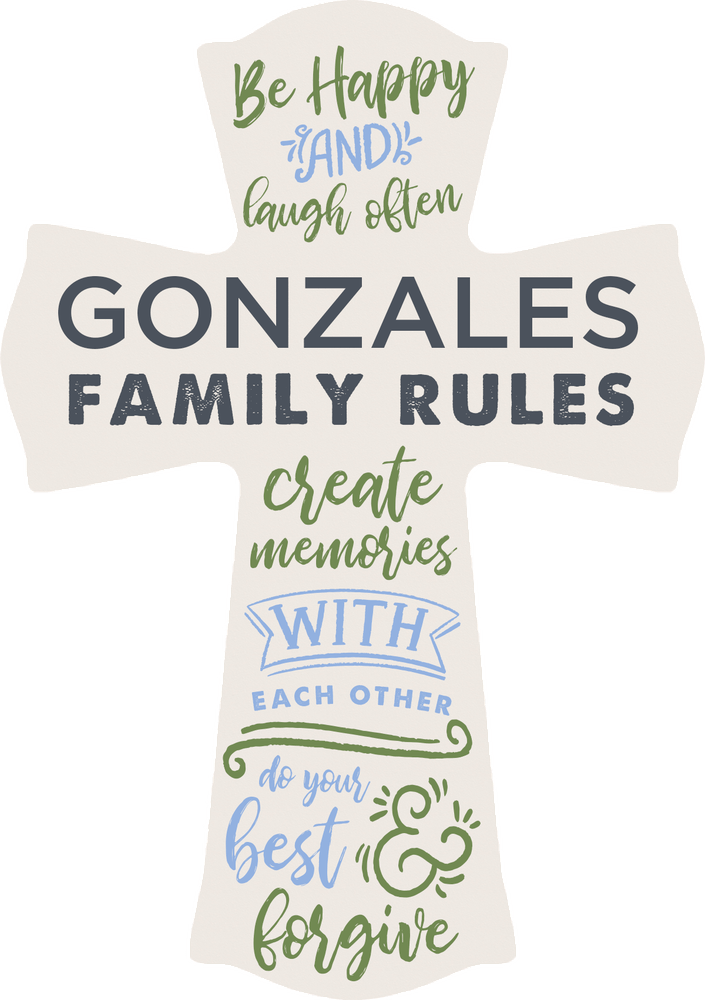 White cross with Gonzales Family Rules design UV-LED printed